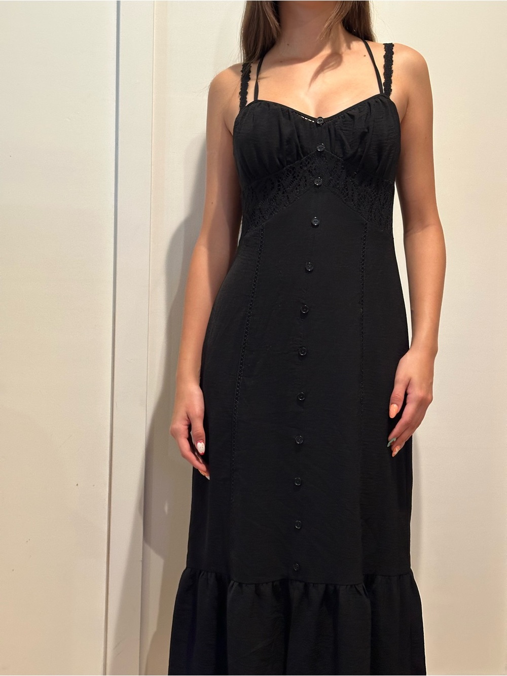 SO Black Spaghetti-Strap Maxi Dress with Button Front